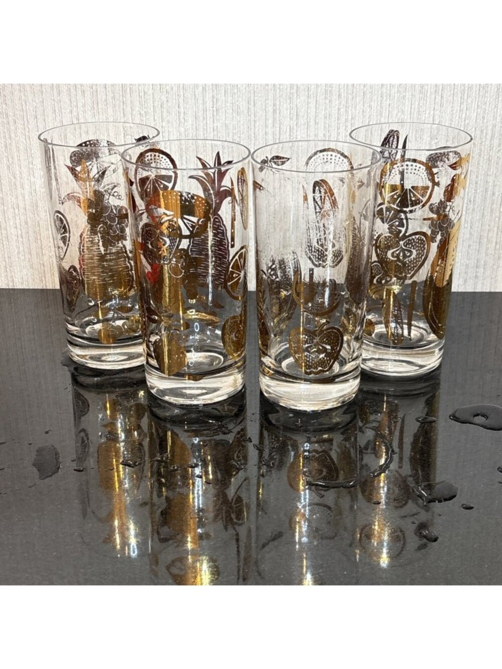 Vtg Culver 22K Gold Highball Glasses Florentine Fruits Set of 4 60s MCM Barware